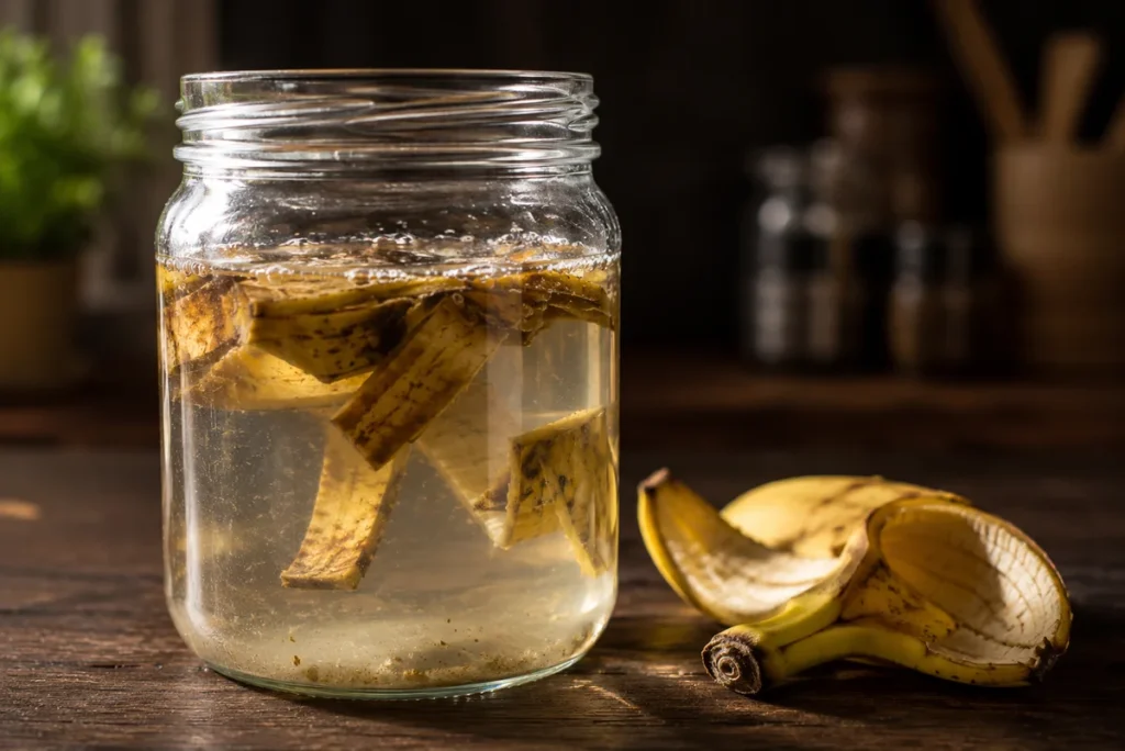 Skórki banana zanurzone w słoiku z wodą jako domowy wyciąg stosowany do podlewania storczyków