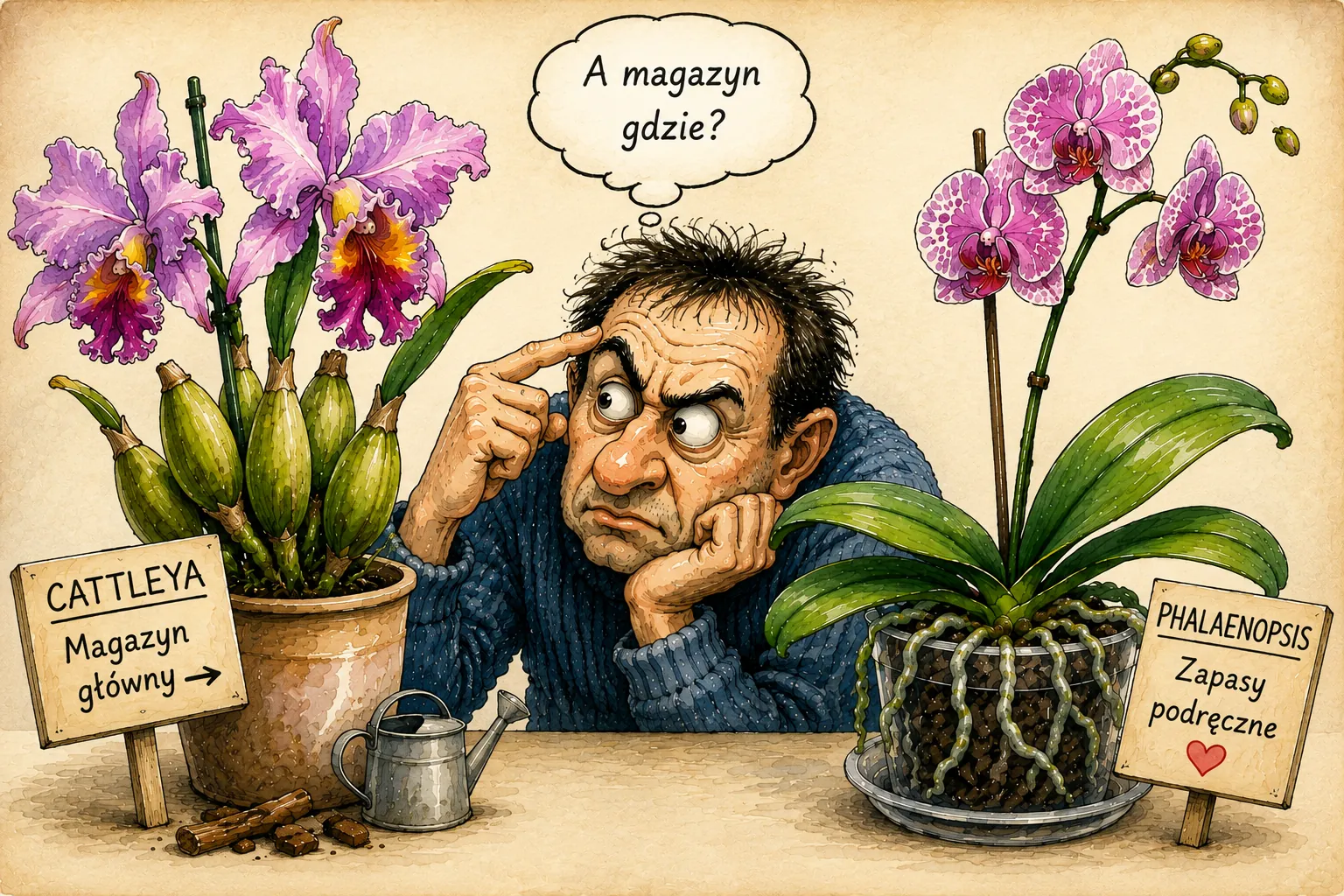 Satyryczna ilustracja porównująca Cattleyę z pseudobulwami i Phalaenopsis magazynującego zapasy głównie w mięsistych liściach.
