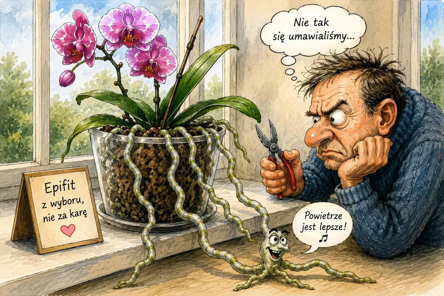 Satyryczna ilustracja Phalaenopsis z korzeniami wychodzącymi z doniczki i tabliczką Epifit z wyboru, nie za karę.