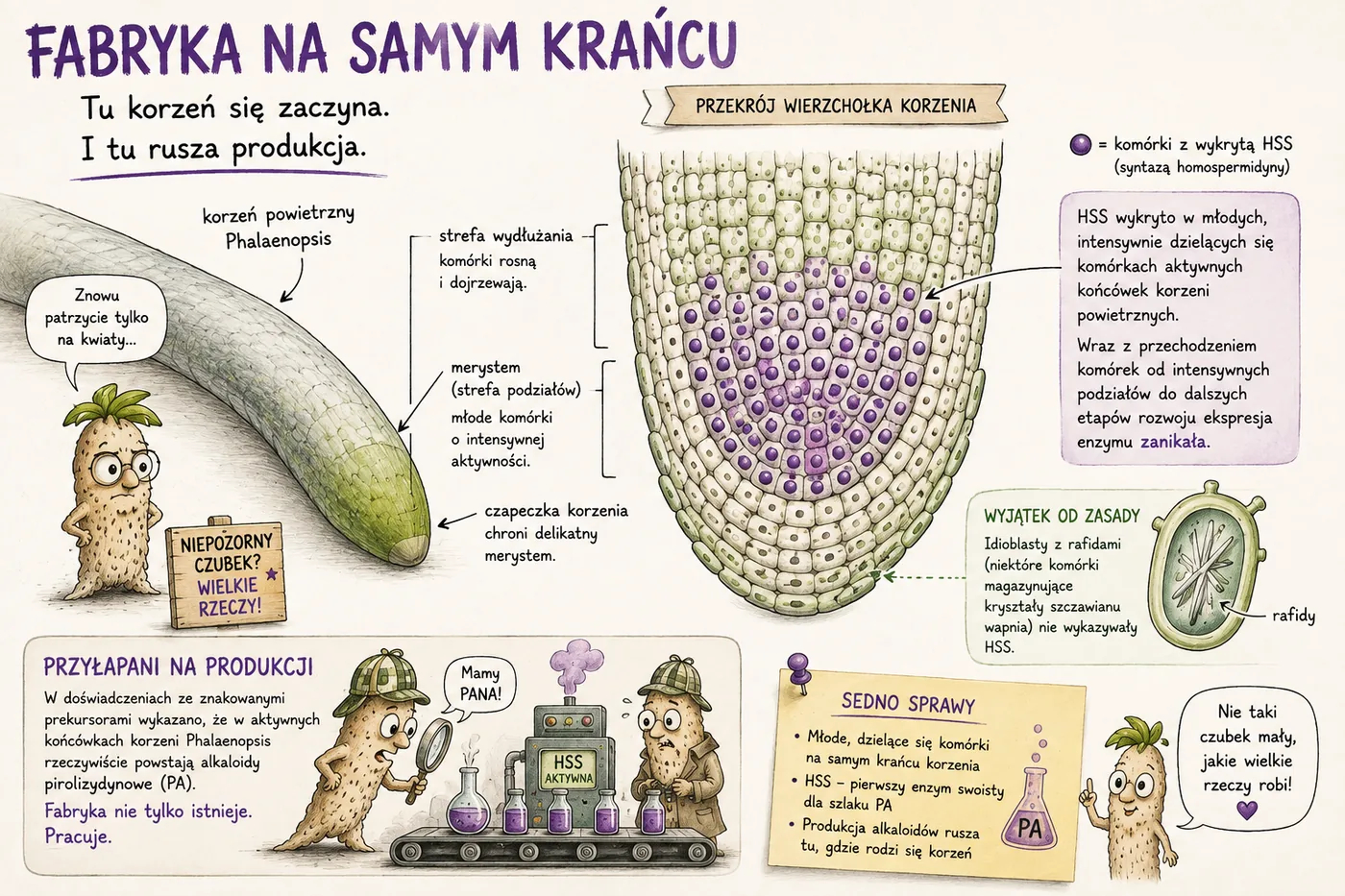Satyryczna ilustracja popularnonaukowa pokazująca aktywny wierzchołek korzenia Phalaenopsis jako niewielką fabrykę chemiczną. Zaznaczono młode komórki merystemu, obecność HSS oraz idioblasty z rafidami, w których enzymu nie wykrywano.