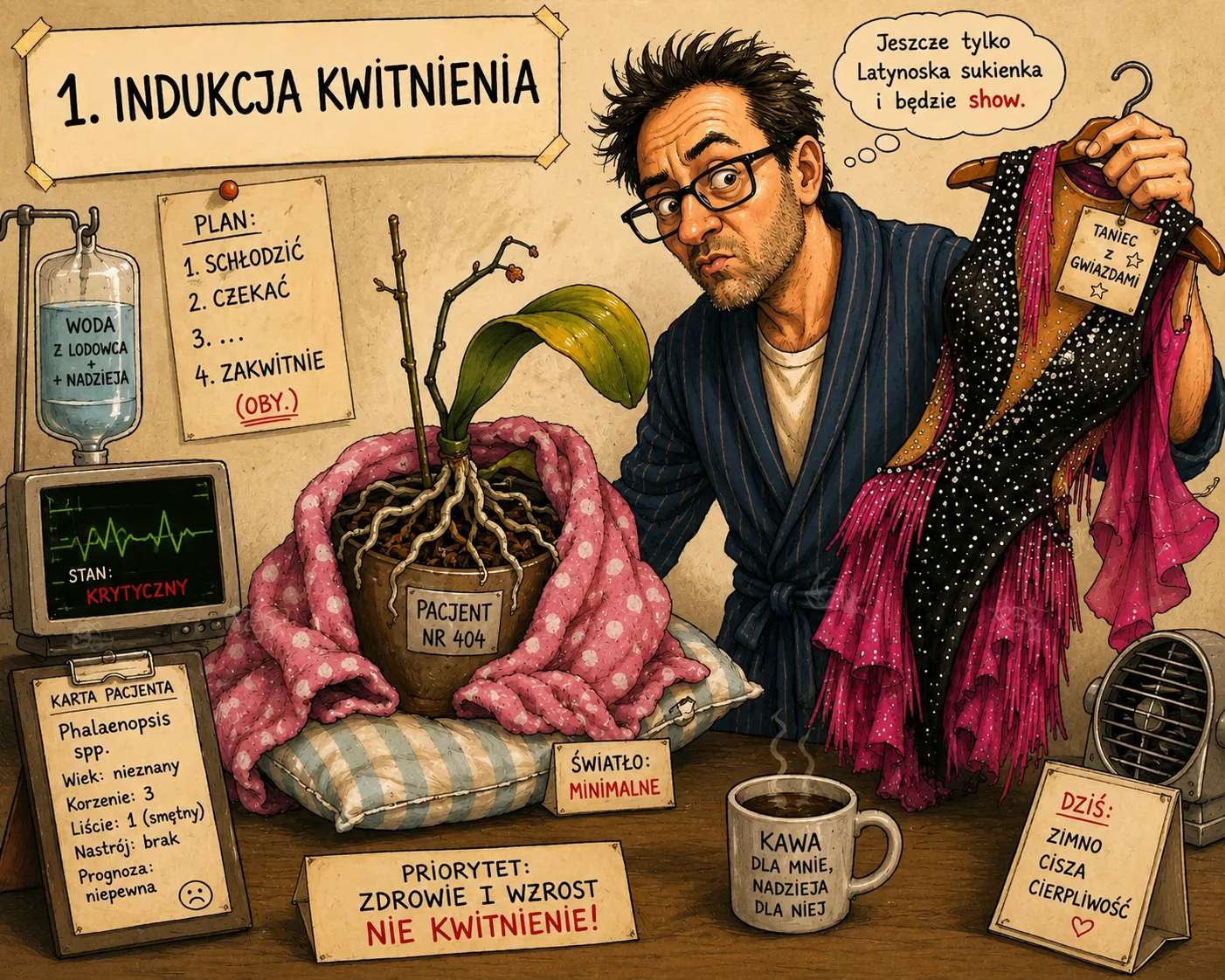 Satyryczna ilustracja osłabionego Phalaenopsis przedstawionego jako pacjent wymagający rekonwalescencji, podczas gdy opiekun próbuje przygotować go do kwitnienia.