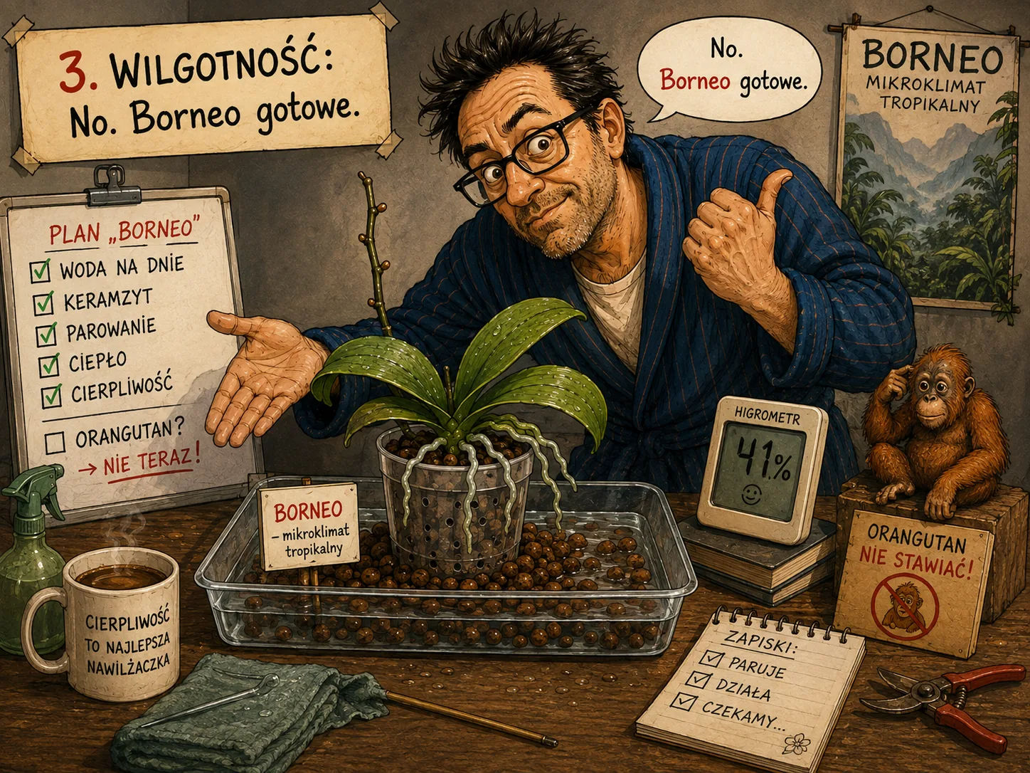 Satyryczna ilustracja właściciela Phalaenopsis próbującego stworzyć tropikalny mikroklimat za pomocą niewielkiej tacki z wodą i keramzytem.