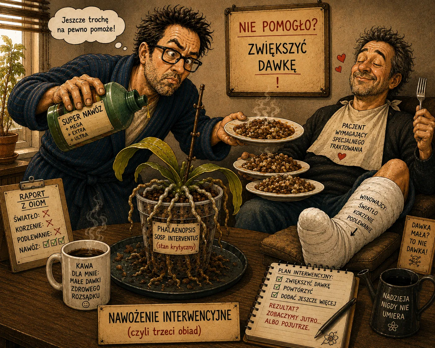 Satyryczna ilustracja porównująca przenawożenie osłabionego Phalaenopsis do podawania kolejnego obiadu człowiekowi ze złamaną nogą.