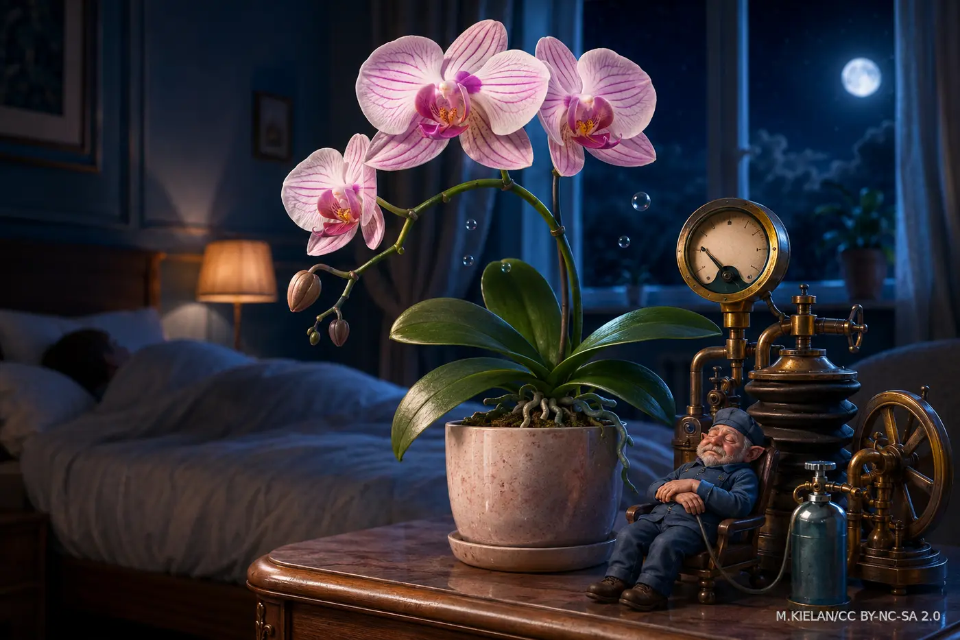 Phalaenopsis w nocnej sypialni obok nieczynnej, humorystycznej fabryki tlenu; przy manometrze śpi kierownik nocnej zmiany.
