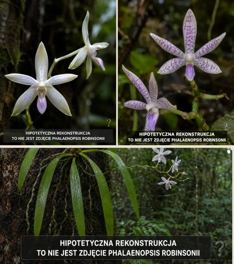 Kolaż trzech hipotetycznych rekonstrukcji Phalaenopsis robinsonii: dwóch możliwych wariantów kwiatów oraz całej rośliny rosnącej na pniu; każda ilustracja wyraźnie oznaczona jako rekonstrukcja, a nie fotografia gatunku.