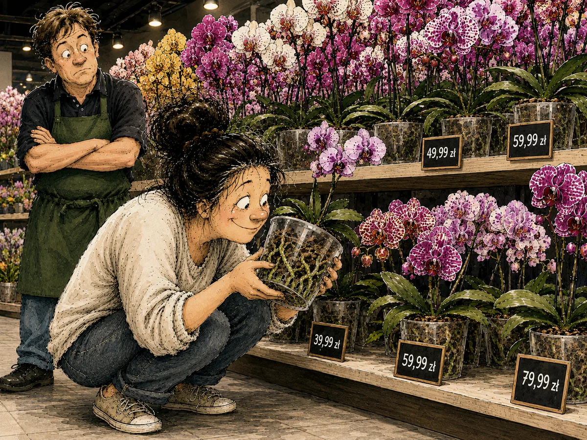 Kobieta w sklepie z Phalaenopsis kuca przy regale i zamiast oglądać kwiaty dokładnie sprawdza korzenie rośliny w doniczce.