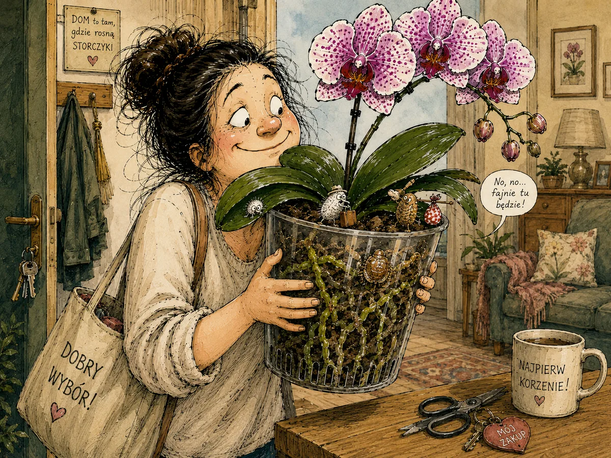 Kobieta przynosi do domu kwitnącego Phalaenopsis, nie zauważając ukrytych między liśćmi małych szkodników z bagażami.