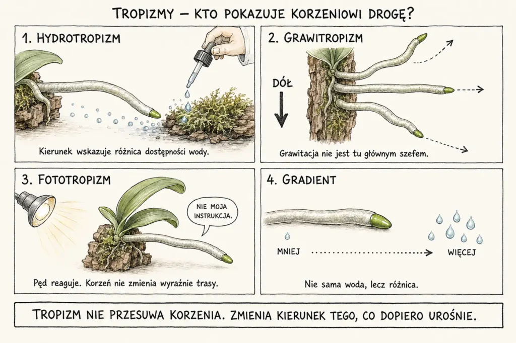 Ilustracja wyjaśniająca tropizmy korzeni Phalaenopsis: hydrotropizm, grawitropizm, fototropizm oraz gradient dostępności wody.