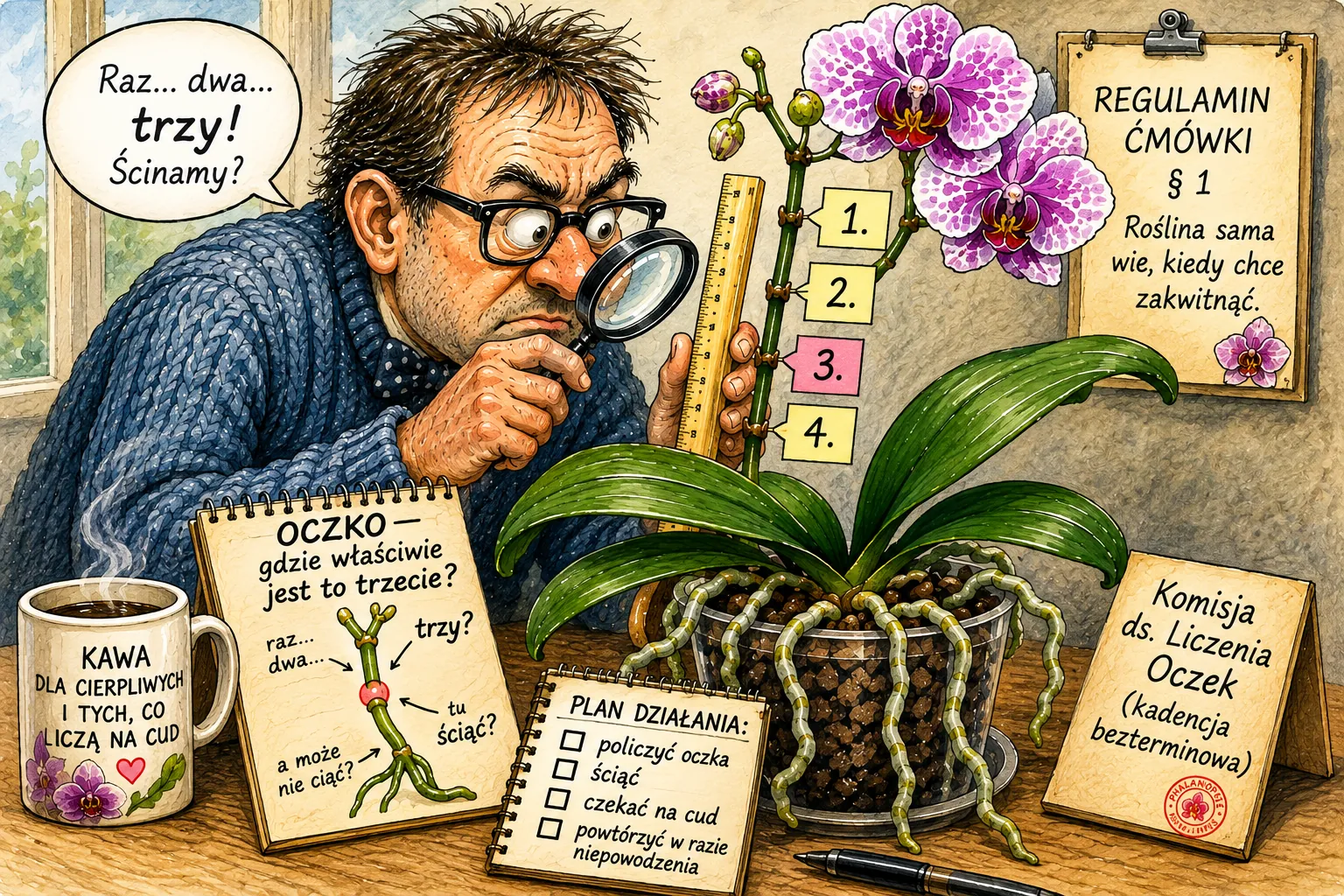 Satyryczna ilustracja mężczyzny liczącego węzły na pędzie Phalaenopsis przed podjęciem decyzji o jego przycięciu.