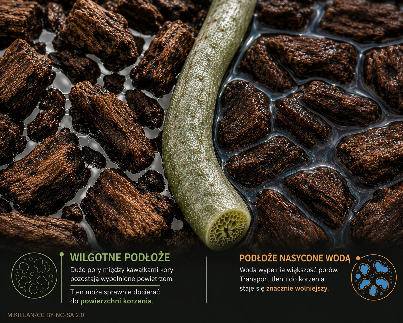 Porównanie przewiewnego, wilgotnego podłoża z podłożem nasyconym wodą, pokazujące, że obecność wody nie musi oznaczać całkowitego braku tlenu przy korzeniach Phalaenopsis.