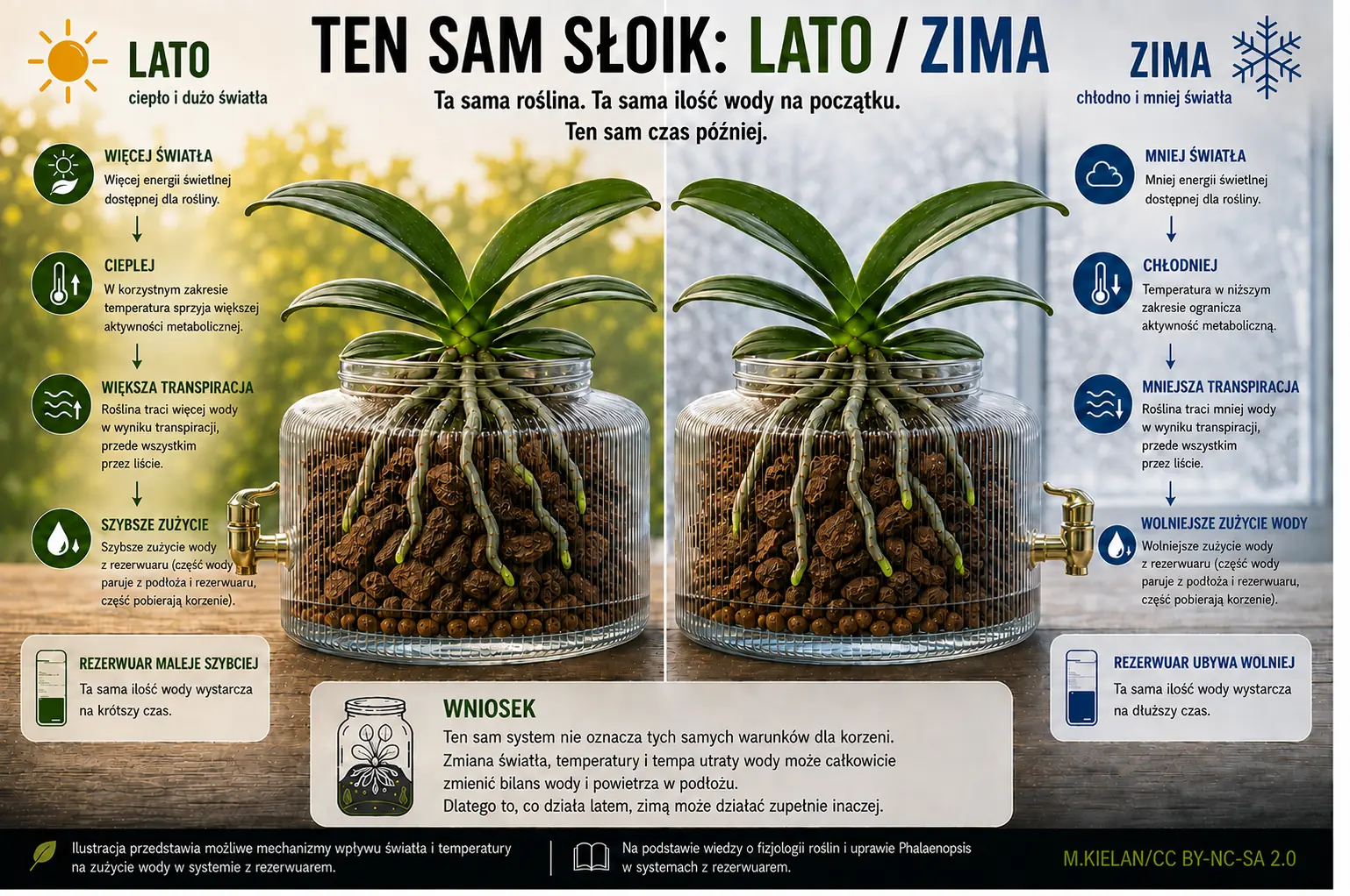 Ten sam Phalaenopsis w szklanym słoju pokazany latem i zimą; latem rezerwuar wody znika szybciej, zimą przy mniejszej aktywności rośliny pozostaje dłużej.